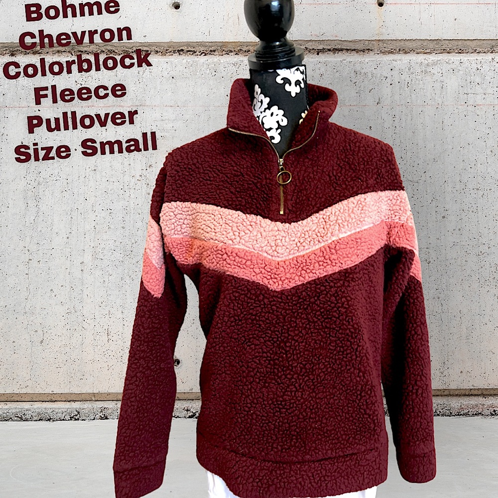 Bohme chevron retro burgundy zip- pullover fleece sweater jacket